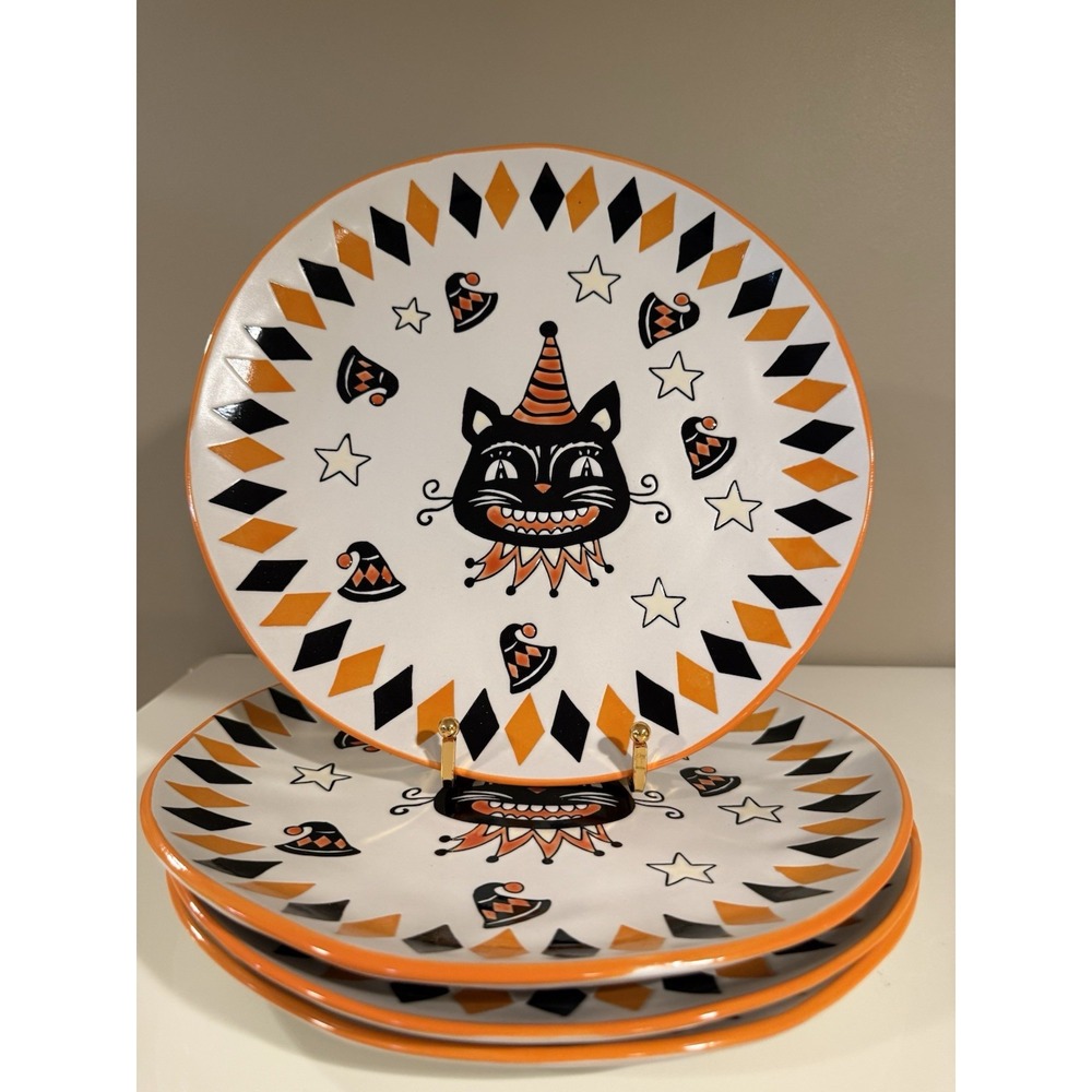 Eli + Ana Halloween Chill Cat Black Cat 11" Set of 4 Dinner Plates NEW
